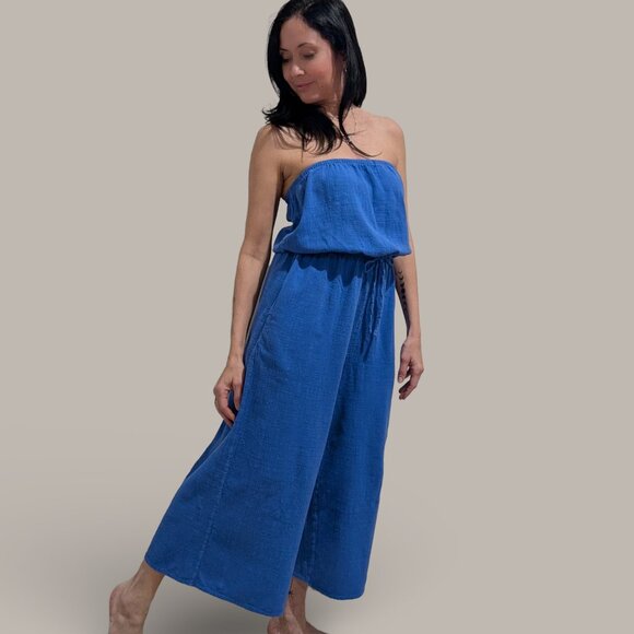 Aerie Royal Blue Gauzy Strapless Jumpsuit with Pockets - Medium - Picture 3 of 10